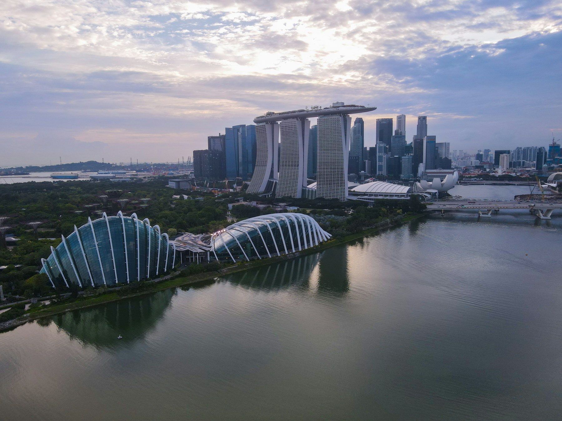 Aerial view of Marina Bay and Gardens by the Bay in Singapore